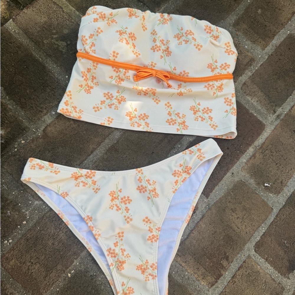 Chic Floral Bikini Set in Orange and Cream